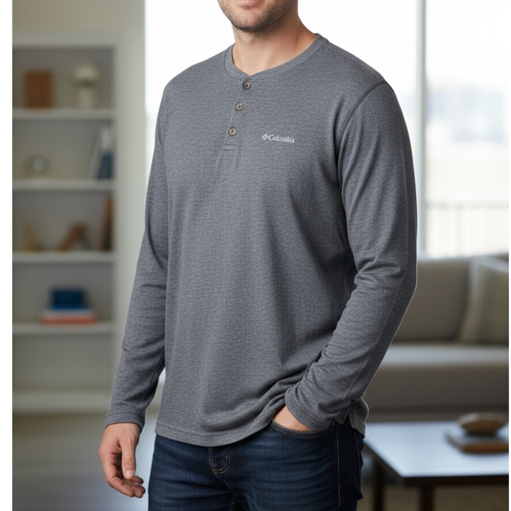 Columbia Men's Charcoal Blue/Grey Henley Long Sleeve | large